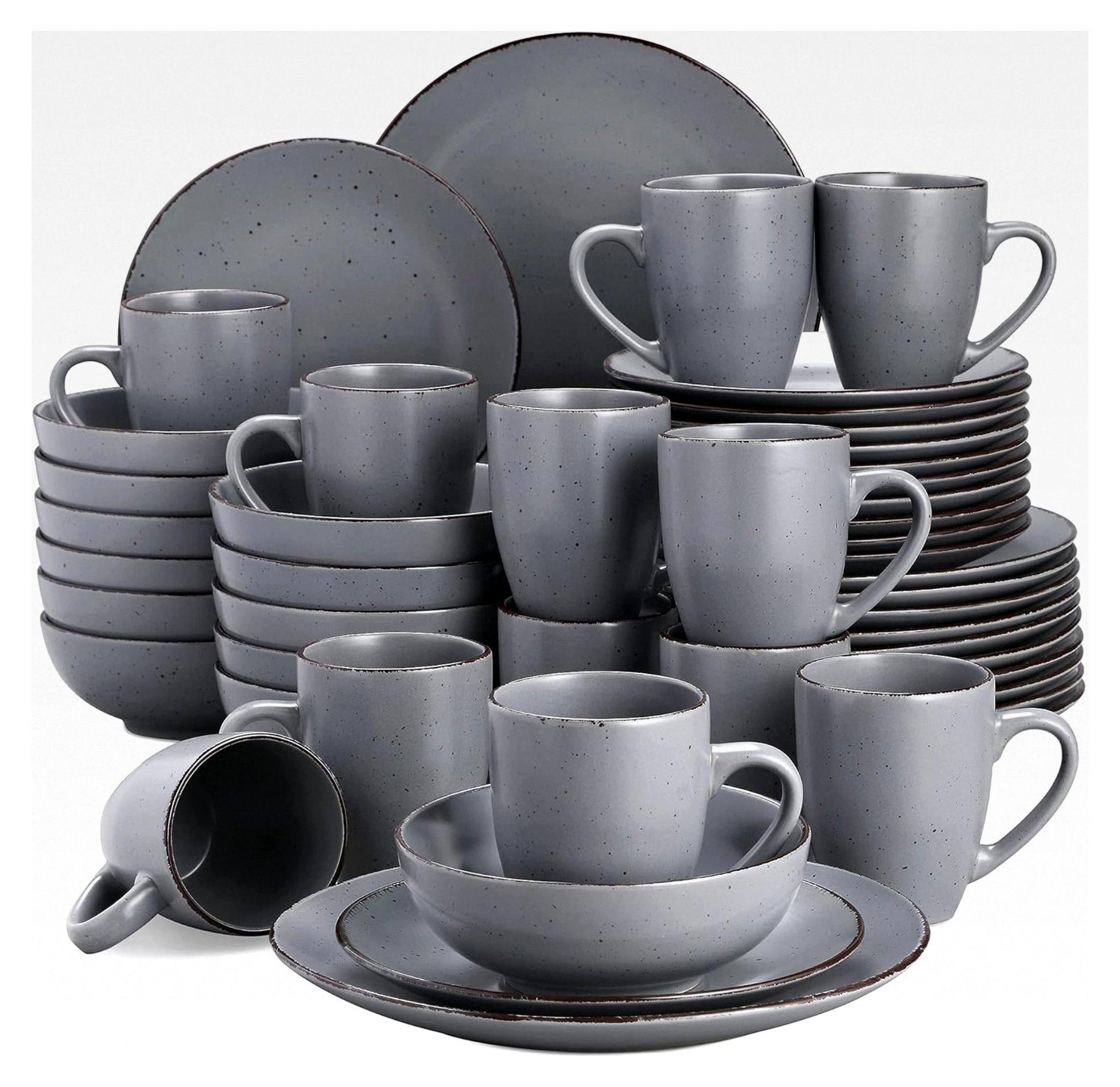 Tafelservice Steingut MODA Geschirrset, Vintage Aussehen, 48-teiliges Kombiservice mit 12 Speisetellern, Kuchentellern, Schalen und Tassen in Grau