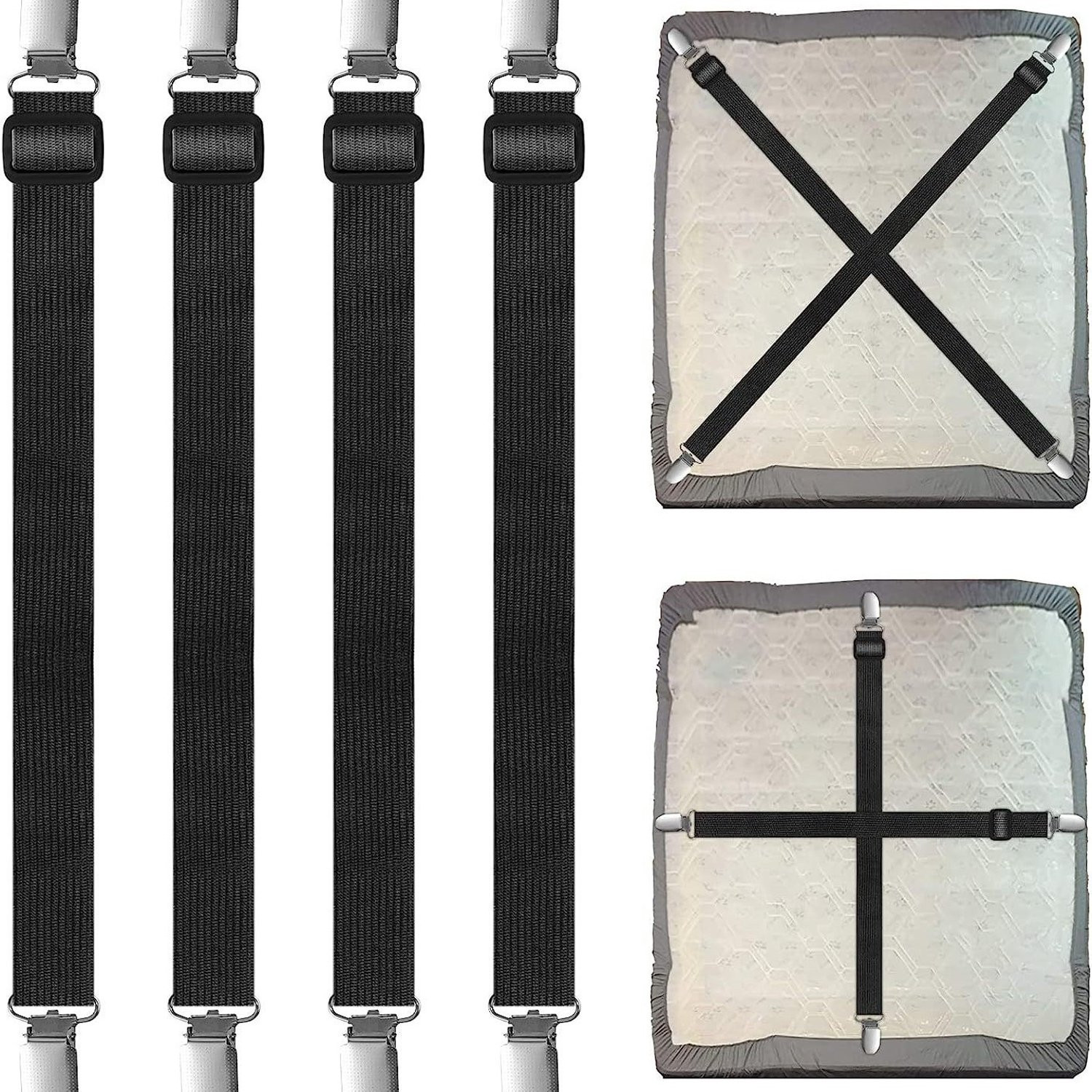 Set van 4 universele elastische lakenspanners met stevige metalen klemmen - Zwart
