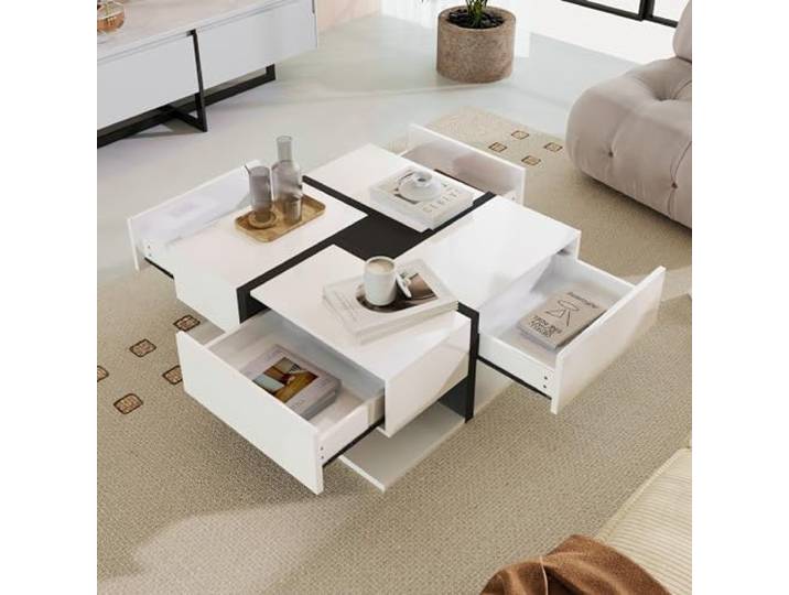 BTM Hochglanz-Couchtisch, Tisch mit 4 Schubladen, einzigartige Farbabstimmung und Liniendesign, Stauraum unten. 78x78x36cm