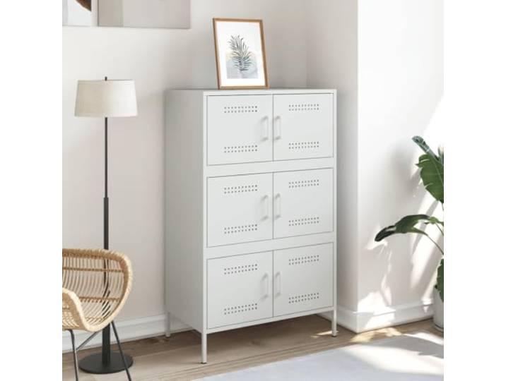 KTHLBRH Sideboard weiß 68 x 39 x 113 cm Stahl 6 Fächer, praktische Türen, einfache Reinigung, Industriestil, Wandbefestigung im Lieferumfang enthalten
