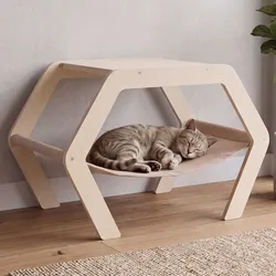 Katzenbett MCW-Q60, Plattform Haustierliege Katzenmöbel Ablage, Holz MVG 41x59x39cm ~ natur, Hängematte beige