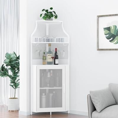 Garvee Corner Wine Cabinet, 5-Tier Industrial Bar Cabinet with Barn Door, Glass Holder, Detachable Rack