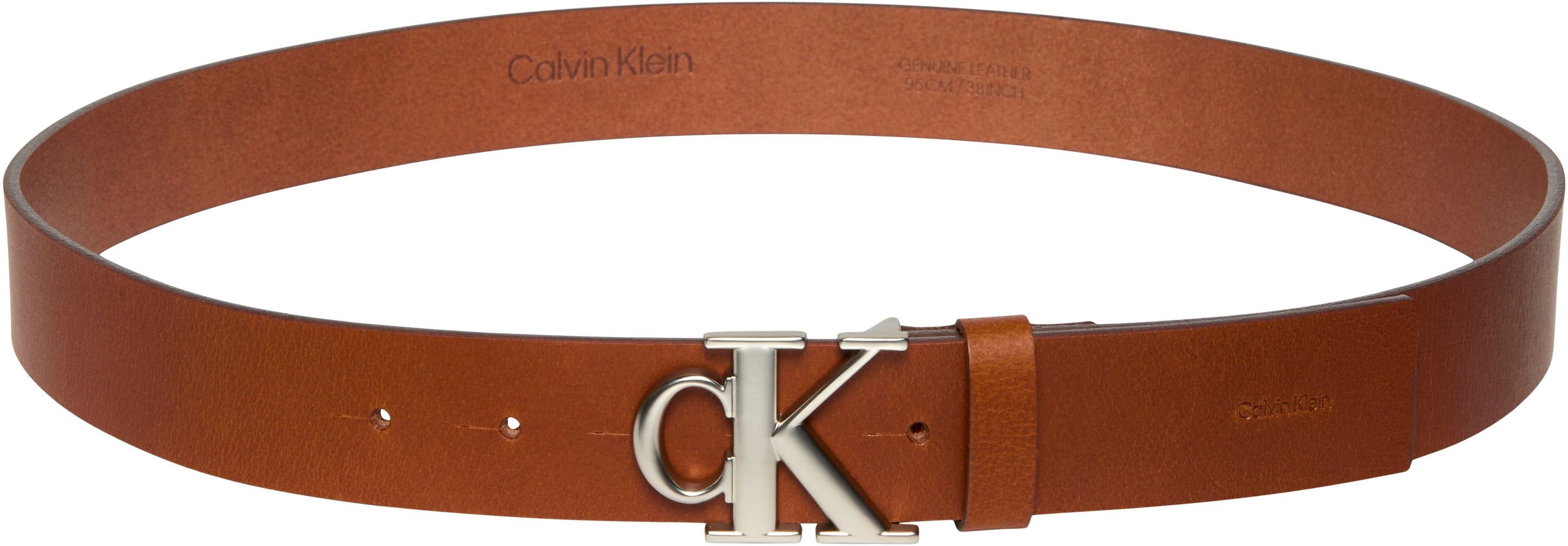 Ledergürtel CALVIN KLEIN "CK BUCKLE SMOOTH 35MM", Herren, Gr. 110, braun (ck cognac, pewter), Web, Büffelleder, unifarben, Gürtel Ledergürtel, Grössenverstellbar mit Metallschliesse ck cognac, pewter 110