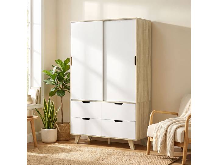 HOMCOM Armoire Moderne Portes Coulissantes Chêne Blanc 4 Tiroirs