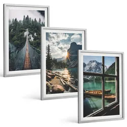 BILDER SET 3er Set - 40x60 cm Silberner Rahmen - Brücke, Wald, See, Boote, Berge