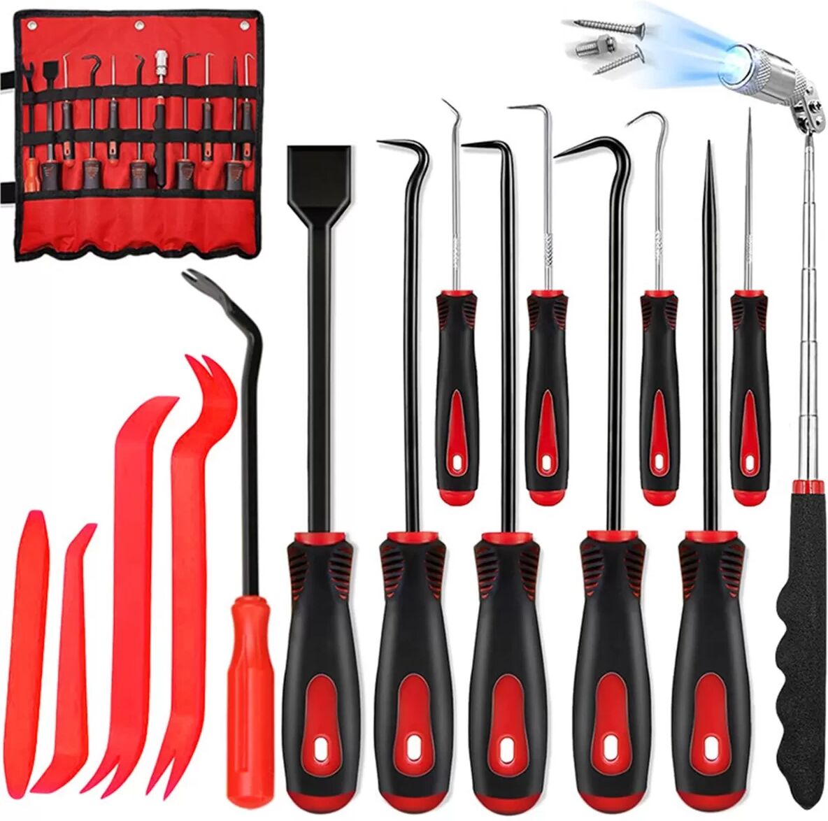 INF 15-teiliges Haken- und Ahlen-Set - Kfz-Dichtungswerkzeug-Set rot+schwarz