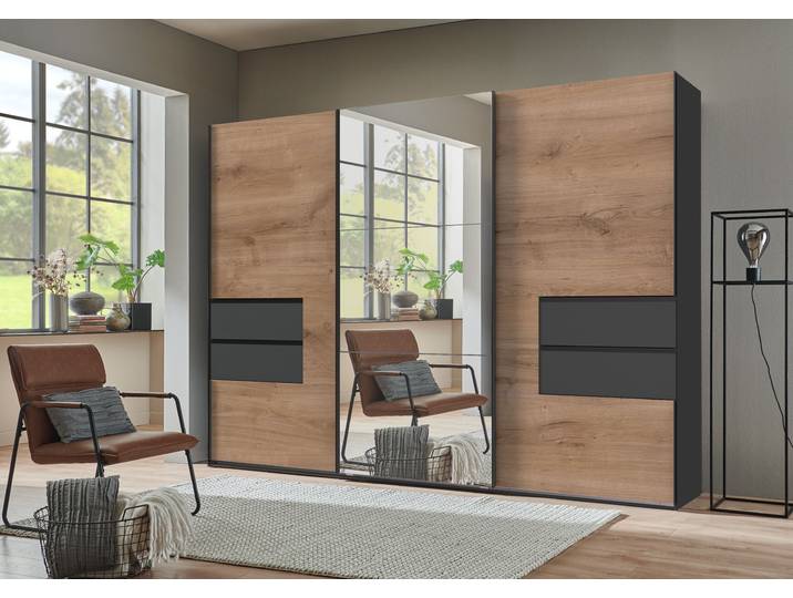 Schwebetürenschrank Palermo 300cm Grau/Plankeneiche Dekor