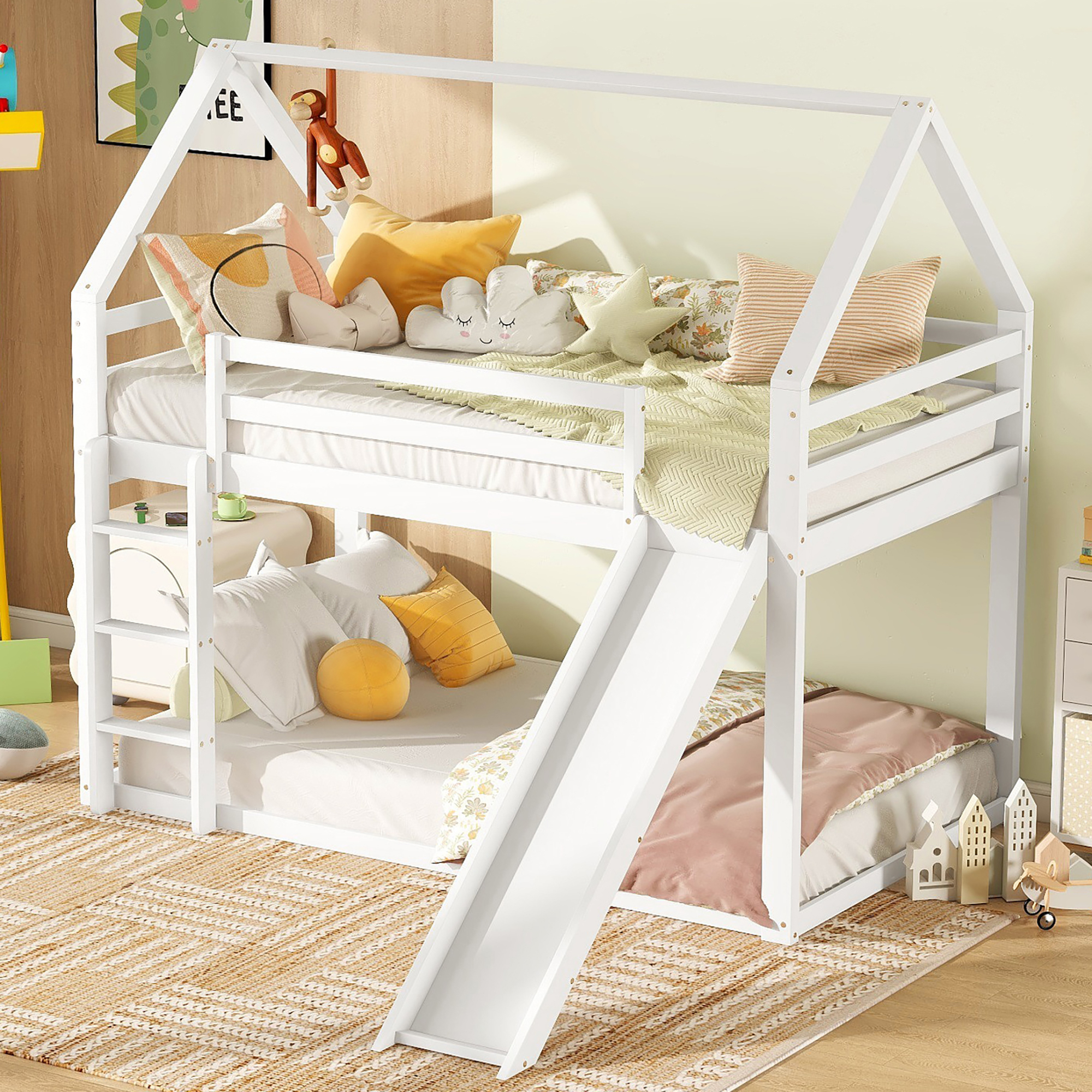 STILVORA Etagenbett 90x200 Kinderbett Jugendbett mit Rutsche und Treppe,Hausbett aus massiver Kiefer,Weiß(ohne Matratze)