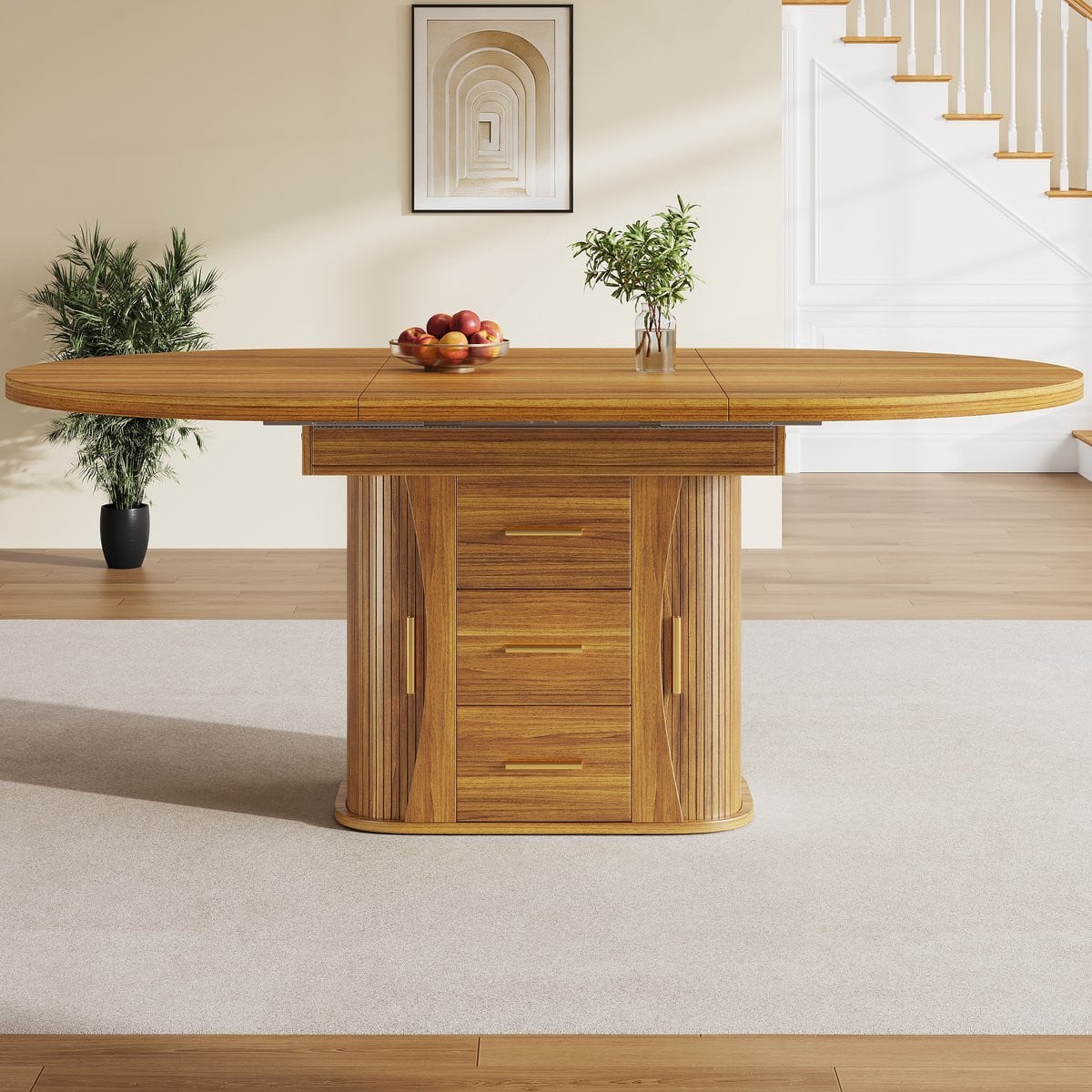 KOMHTOM Uitschuifbare Ronde Eettafel Walnoot - Uitschuifbaar van 118 cm tot 158 cm - Geschikt voor 6 personen