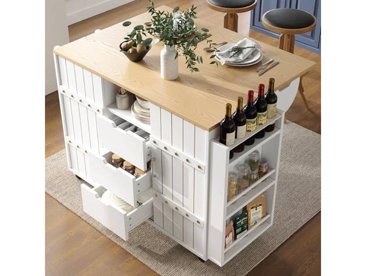 Merax Kücheninsel mit Rollen, Küchenwagen mit klappbarer Arbeitsplatte, Küchenschrank mit Schiebetüren & Schubladen, Servierwagen,mobiler Küchenwagen weiß,110x42(70) x90CM