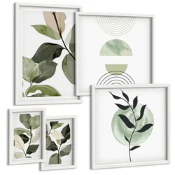 BILDER SET 5er Set - 50x50 cm & 20x30 cm & 40x60 cm Weißer Rahmen - Abstrakte Darstellung gemalter Blätter