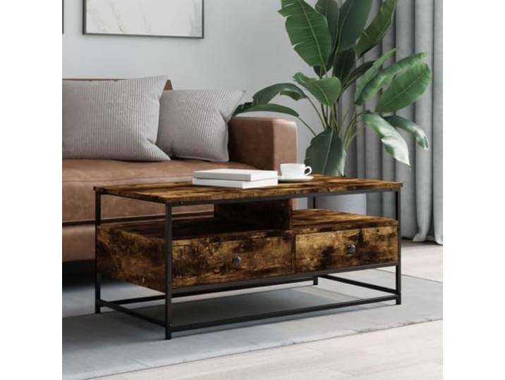 HEFZGDB Couchtisch Räuchereiche 100x51x45 cm Holzwerkstoff mit Schubladen und Metallgestell für Stauraum und Stabilität