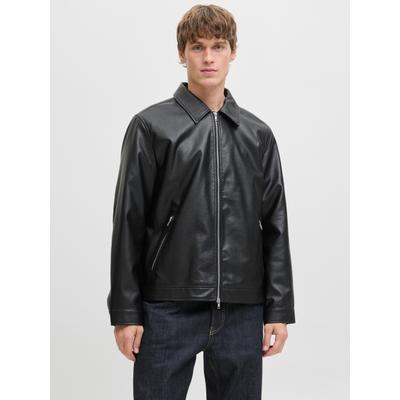 Bikerjacke JACK & JONES "JJECASABLANCA PU JACKET NOOS", Herren, Gr. XL, schwarz (schwarz detail:solid), Web, Obermaterial: 100% Polyester, unifarben, regular fit, Jacken, mit Fronttaschen