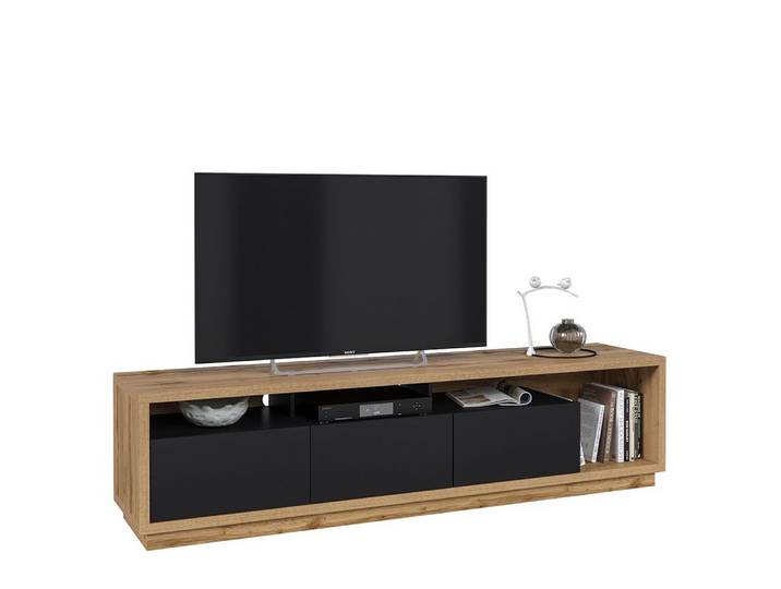 Lomadox Lowboard CONWY-83, mit 3 Schubladen, schwarz mit Eiche Nb., ca. 200/50/45 cm
