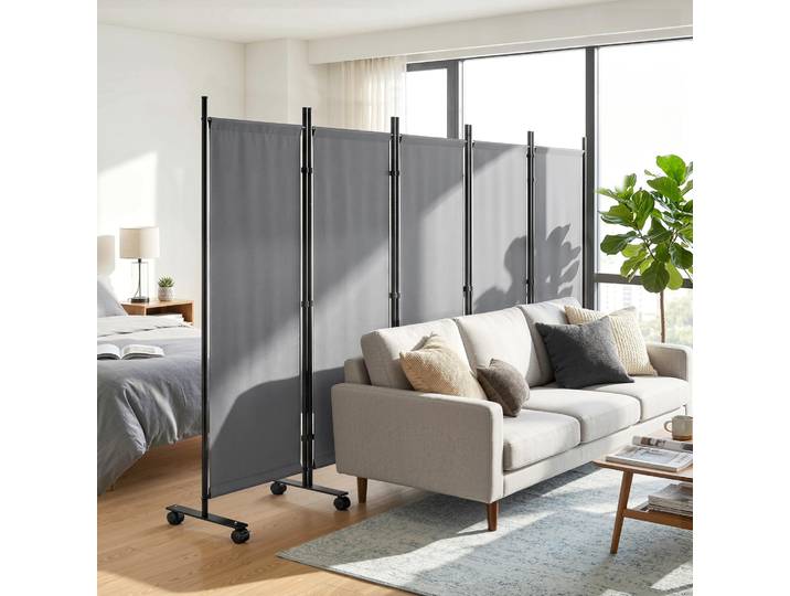 Outsunny Paravent 5 Panneaux 252x40cm Gris Foncé Roulettes Pliable