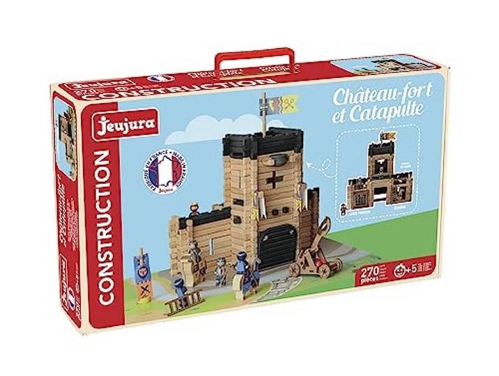 Jeujura – Burg und Katapult – 270 Teile – Konstruktionsspielzeug im Kartonkoffer – Ab 5 Jahren – Geschicklichkeit – Kreativität – Handfertigkeit – Katalog enthalten – 8028