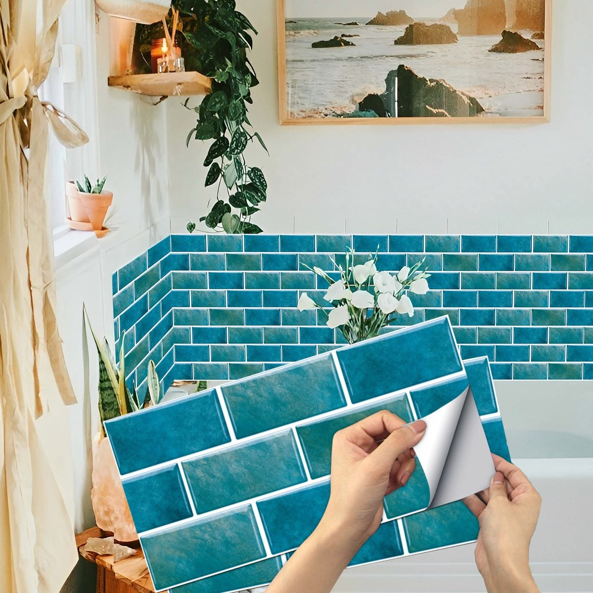 Dailygoods Decoratieve Tegelstickers, Blauw, Set van 12, Geometrisch Design, Plastic