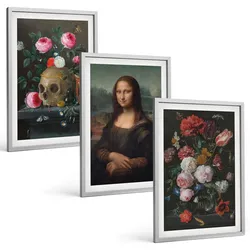 BILDER SET 3er Set - 40x60 cm Silberner Rahmen - Blumenschädel-Porträt Mona Lisa