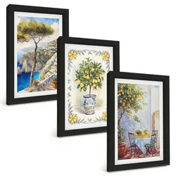 BILDER SET 3er Set - 20x30 cm Schwarzer Rahmen - Blick auf das Meer aus Zitronenbäumen