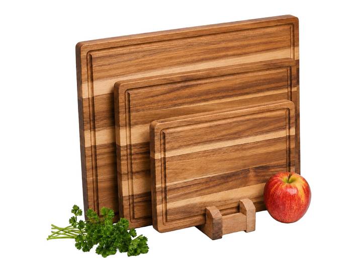 Relaxdays Schneidebrett Braun 3er-Set Akazienholz mit Ständer, Holz, 40x30 cm, Küchenzubehör, Schneidebrett