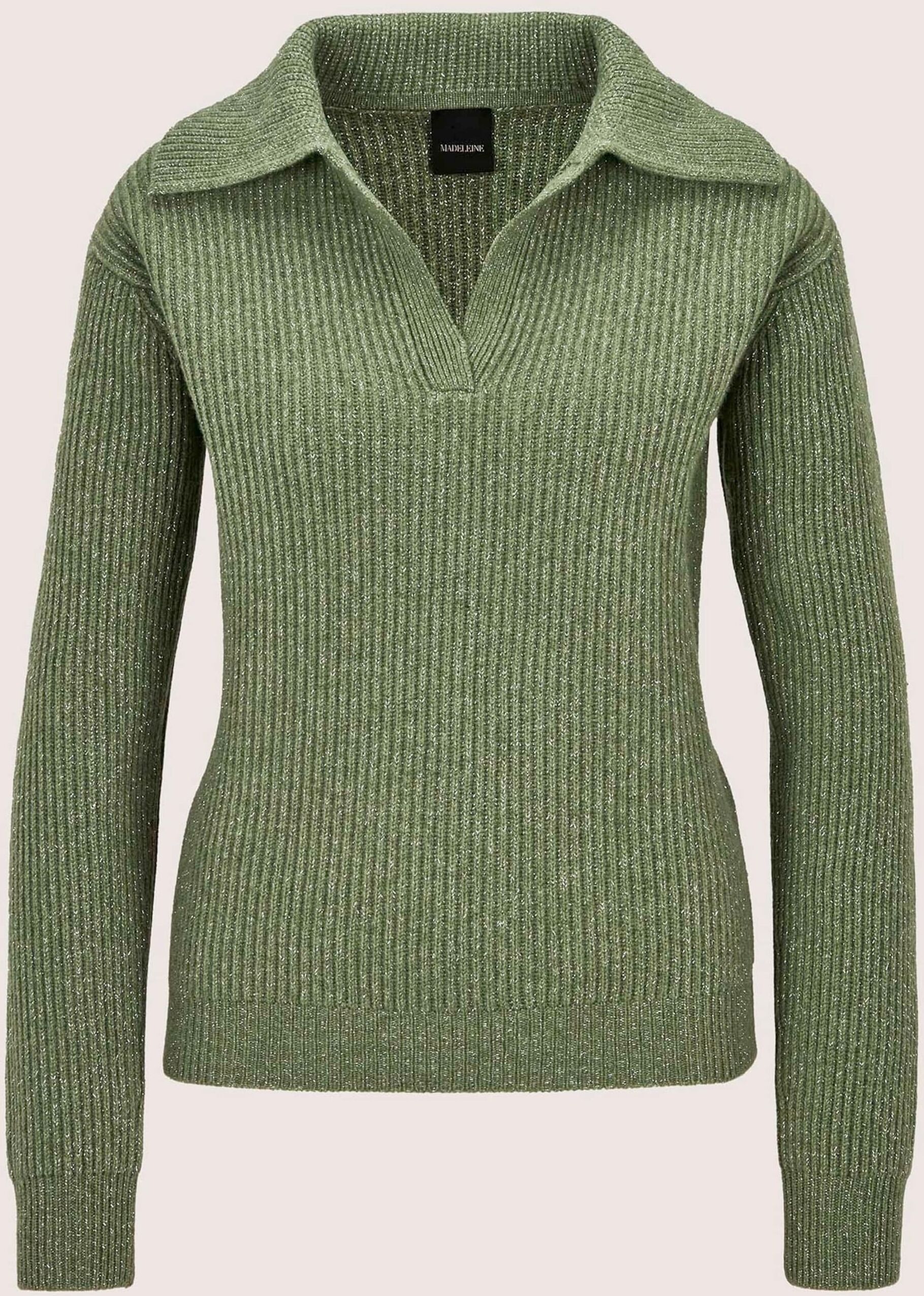 Longpullover MADELEINE "Pullover Patentstrick-Pullover mit Polo-Kragen", Damen, Gr. 34, grün (hellsalbeigrün, silberfarben), Modern, comfort fit, Pullover Longpullover