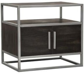 Benjara Chek 26 Inch Side Table Nightstand, 2 Doors, 1 Shelf, Dark Brown, Silver Steel