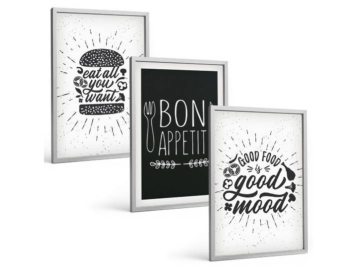 BILDER SET 3er Set - 40x60 cm Silberner Rahmen - Grafiken, Lebensmittel, kulinarische Slogans
