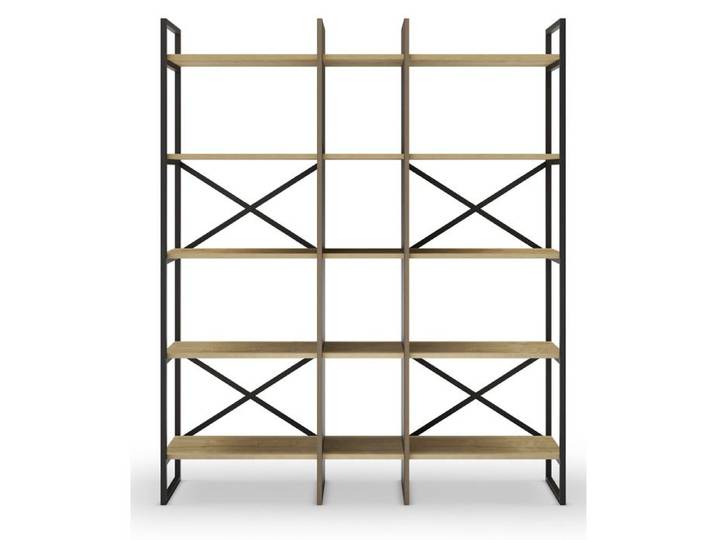 Etagère haute meuble étagère aspect bois coloris chêne et métal noir - Longueur 143 50 x Profondeur 35 x Hauteur 175 cm