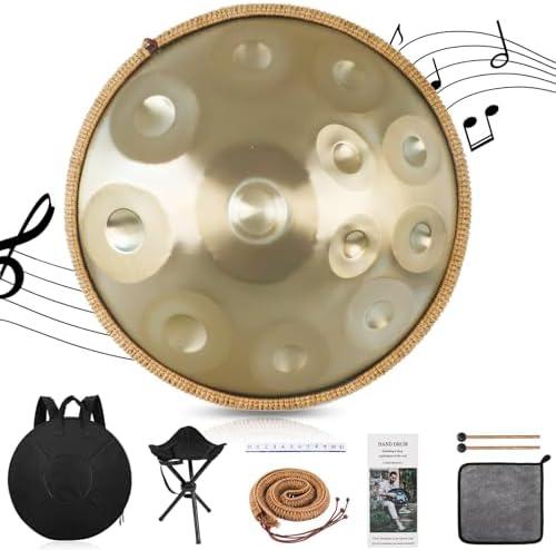 Handpan Drum, 12 Töne 22 Zoll Steel Instrument 440/432h Gold in D Minor Zungentrommel Mit Weicher Tasche, Schlägeln, Handtrommelständer für Anfänger, Profis, Musiktherapie (440Hz)
