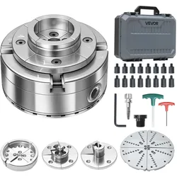 VEVOR 4-Zoll-Drechselfutter, Selbstzentrierendes 4-Backen-Futter-Set mit Kegelradgetriebe, 1 Zoll x 8 TPI-Gewinde, Adapter, 5 Backensätze, Transportkoffer, Vernickelt, für Drechselbänke