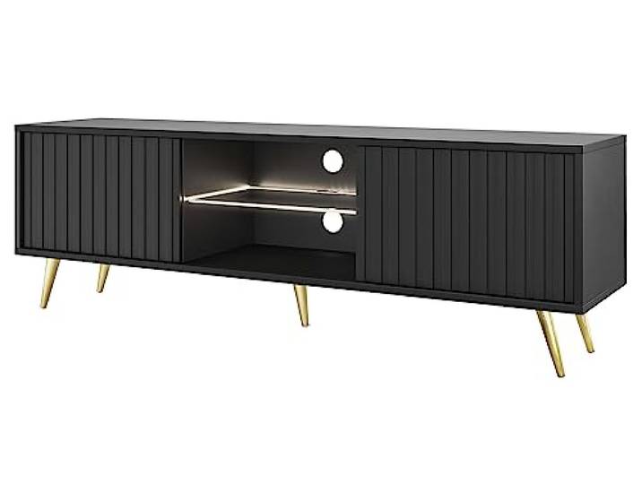 Selsey Meuble TV Armoire De Télévision sur Pieds Doré 135 cm À Lamelles Noir Bello