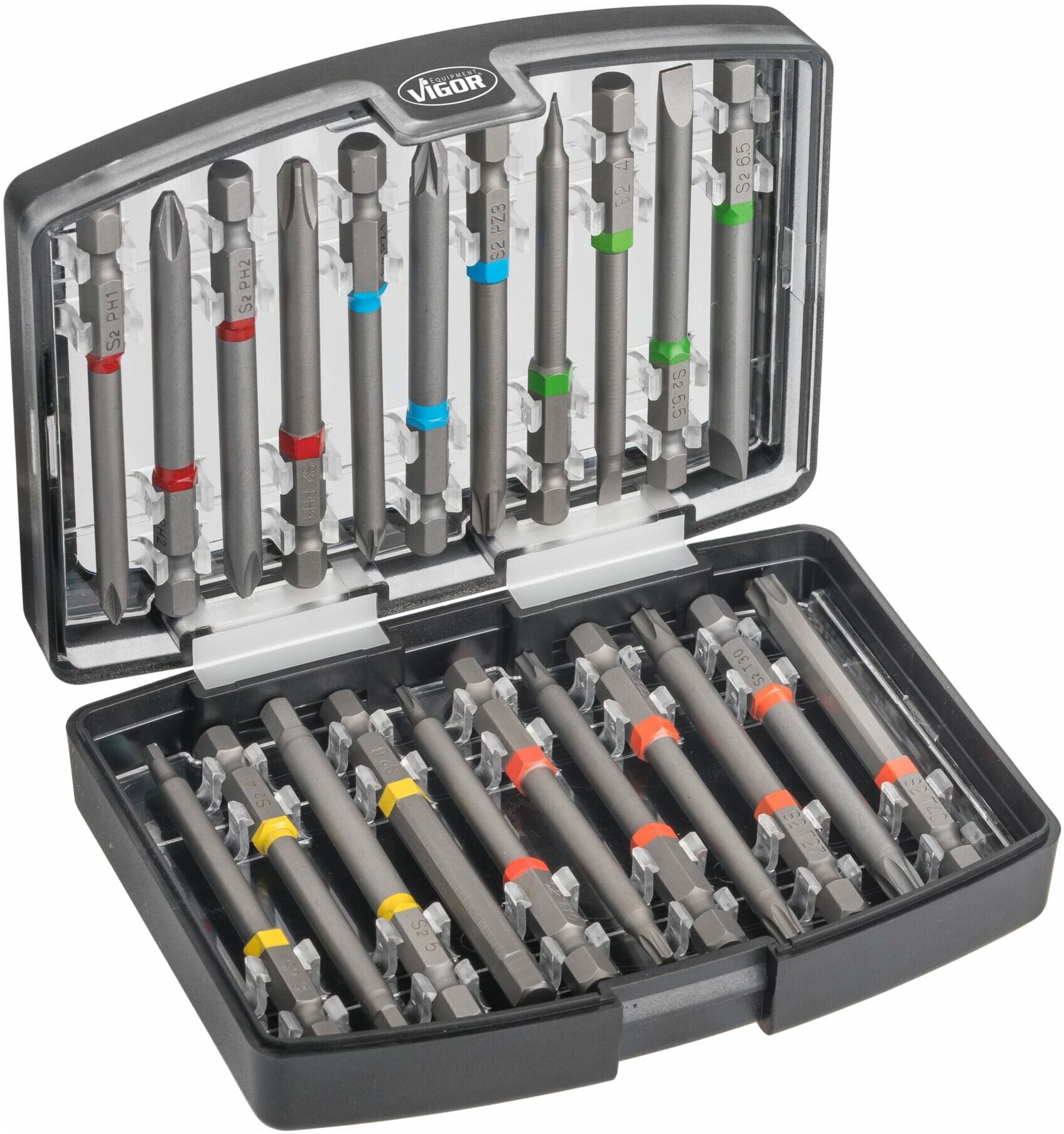 VIGOR Bit Box V6068 Sechskant massiv 6,3 (1/4 Zoll) 0,8 x 4 – 1 x 5 4 – 6 PH1 – PH3 PZ1 – PZ3 T10 – T40)