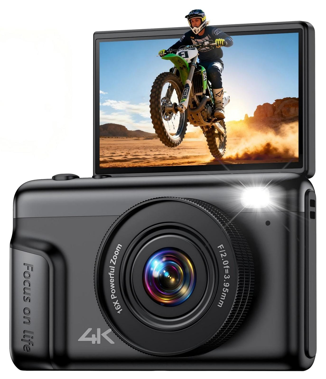 Digitale camera met 64 MP, 4K video, flip scherm en 16x zoom - Zwart