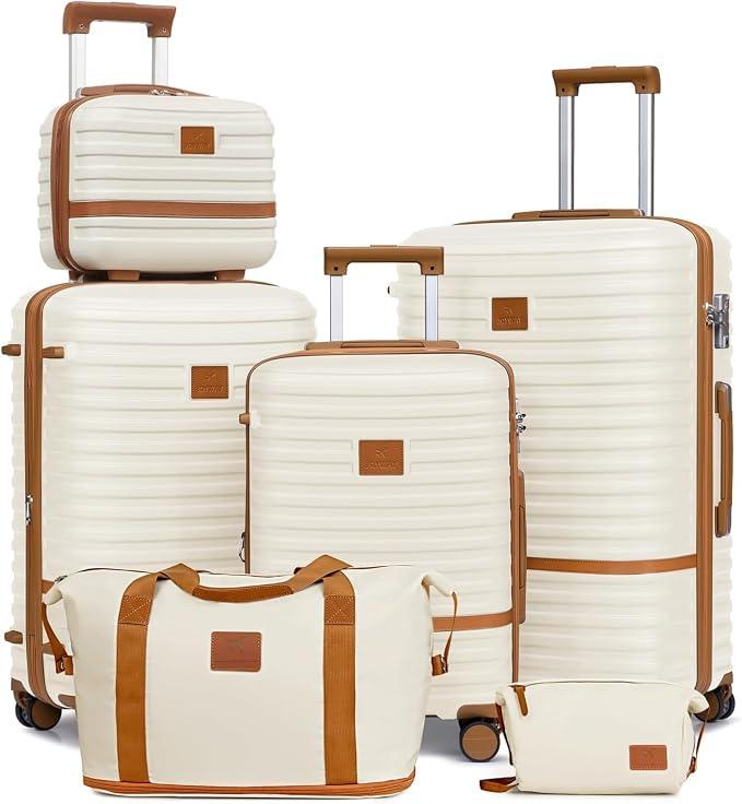 Kofferset Reisekoffer Set 6tlg Hartschale mit Beautycase Kosmetikkoffe mit 4 Rollen und TSA-Schloss Der Gepäcksets Enthält 1 Reisetasche und 1 Kulturbeutel Weiß