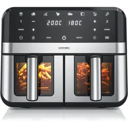 Arendo Heissluftfritteuse Dual Zone 9 L, Airfryer mit 2 Kammern & Sichtfenster, Dörrautomat, 2400 W, Fritteuse, Silber, Schwarz