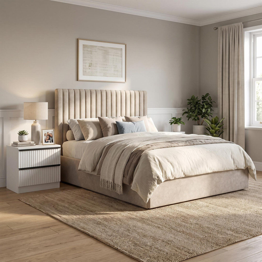 Ophelia & Co. Upholstered Fabric Ottoman Bed Beige 112.5cm H X 154cm W X 217cm L