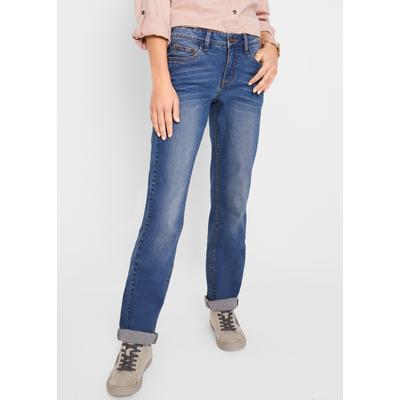 Straight-Jeans BONPRIX "Straight-Jeans Mid Waist, Stretch", Damen, Gr. 50, N-Gr, blau (blau used), Denim/Jeans, Obermaterial: 98% Baumwolle, 2% Elasthan, unifarben, loose fit lang, Jeans Straight-Jeans, Straight-Schnitt, Loose Fit, aus Baumwolle mit...