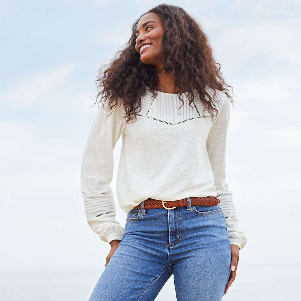 Flammgarn-Shirt mit Biesen-Verzierung für Damen, Damen, size: regular, Elfenbein, Baumwolle, by Lands' End