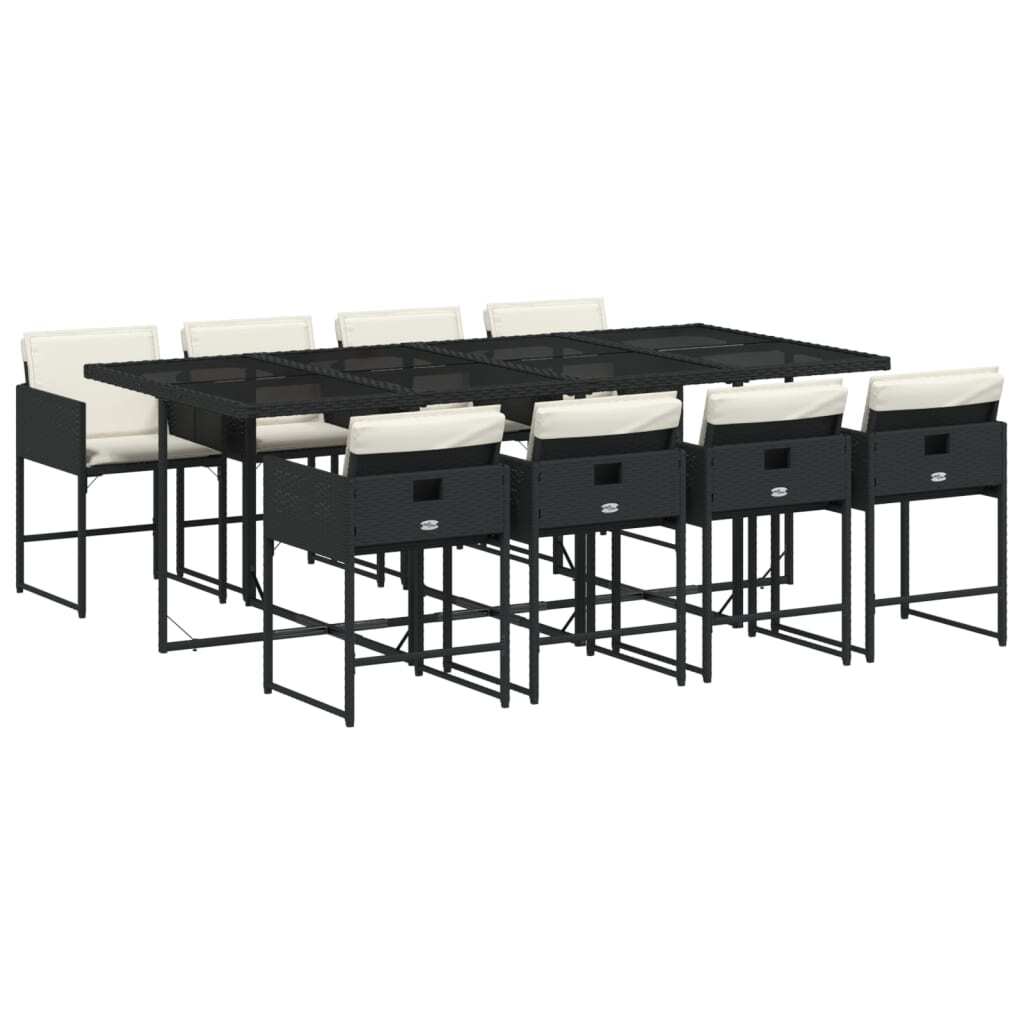 Garten-Essgruppe 9-tlg., für Outdoor, Poly Rattan Schwarz, Hartglas Tischplatte, klappbare Stühle, Cremeweiße Kissen, UV-beständig