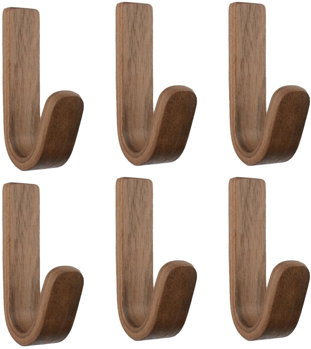 Dailygoods Wandhaak 6 stuks - Zelfklevende wandhaken in walnoot - Rubberhouten kapstokhaken voor zware wandmontage