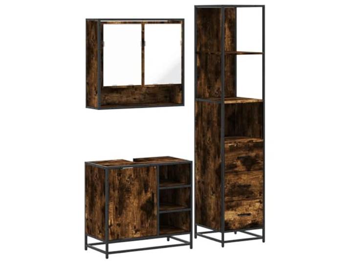 POUFGDR Badezimmermöbel-Set, 3-teilig, Raucheiche Wand-WC-Schrank, Metallrahmen, Holz, gebohrte Oberseite für Spüle, organisierte Aufbewahrung