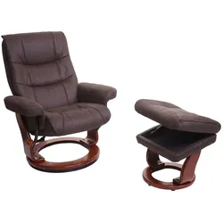 MCA Relaxsessel MCW-J42, Fernsehsessel TV-Sessel Hocker, Stoff ~ schwarz-braun Wildleder-Imitat, Gestell Walnuss-Optik
