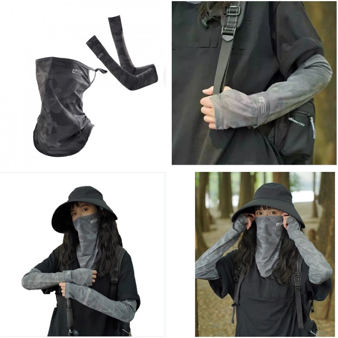 INF Outdoor UV-Schutz Zweiteiliges Set - Maske und Armstulpen aus Nylon-Eisseide, kühlend und atmungsaktiv Dunkelgrau