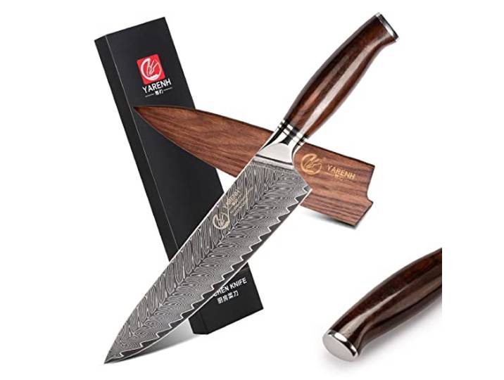 YARENH Damastmesser Profi Kochmesser 20.5 cm, 73 Schichten Damaststahl Küchenmesser, Scharf Chefmesser, Mit Erlesenem Sandelholzgriff, Mit Walnussholz-Scheide