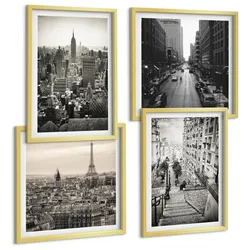 BILDER SET 4er Set - 50x50 cm & 40x60 cm Goldrahmen - Aussicht Paris New York Treppen