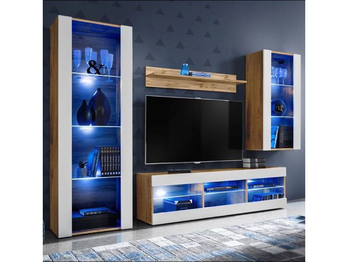 Meuble TV Tivoli Set Medio Komodee - LED bleues - Blanc Mat ET Bois naturel - 195x159x35 cm
