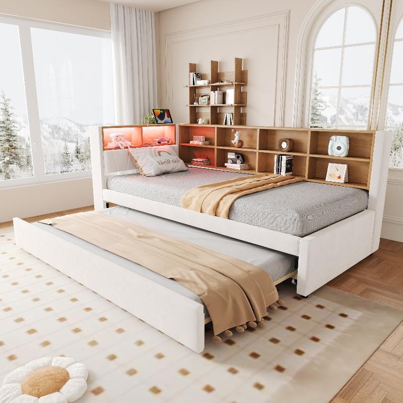 Schlafsofa 90x200cm mit Ausziehbett 90x190cm, beiges Flanell-Polsterbett mit LED, USB-C Anschluss, Steckdose und Ablagefächern