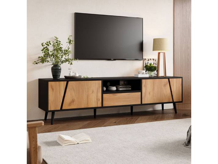 Meuble TV 180x40x46 cm Noir Bois Panneau de particules avec tiroirs et rangements