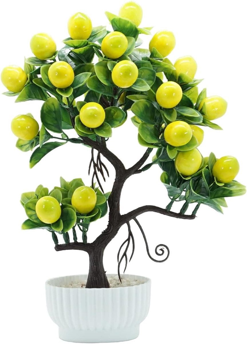 Kunstplant Citroenboom - Levensechte Nep Fruitboom Bonsai voor Huis en Kantoor - Geel - Hoogte: 34 cm
