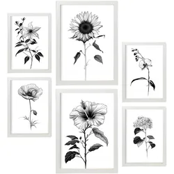 POSTER Set Mit 6 Helle Blumen Natur Und Botanikdrucke Mit Blumenmotiven In Klassischem Schwarz Und Weiß Innenarchitektur A3 & A4 Weißer Rahmen